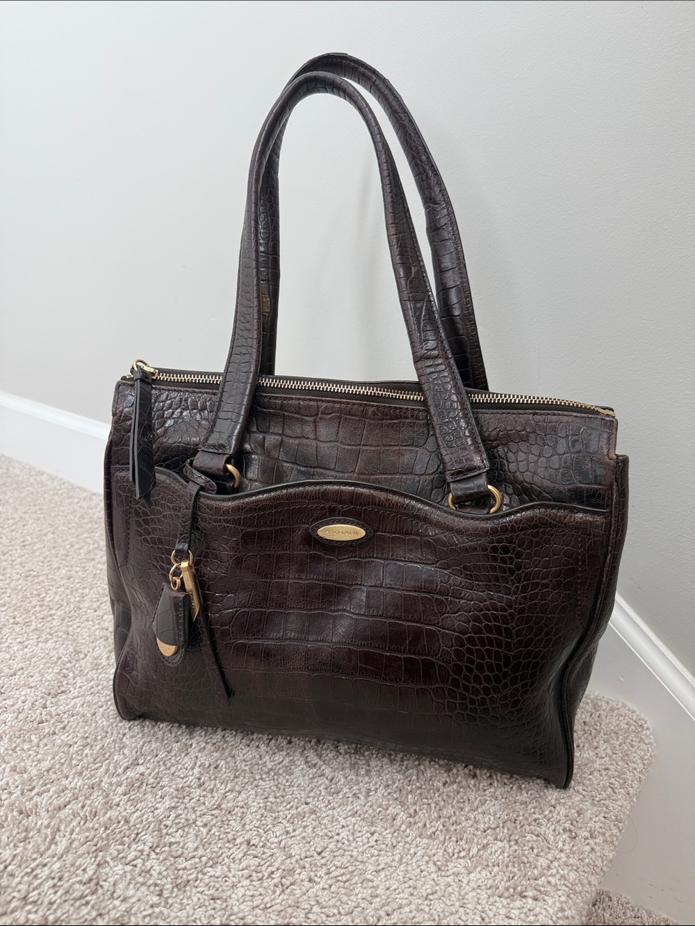 TAHARI Croc-Embossed Dark Brown Leather Tote Bag